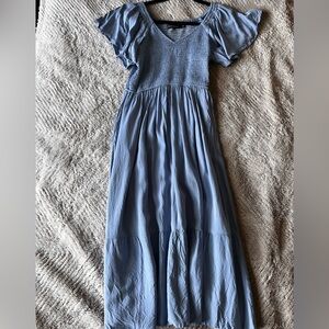 Smocked Waist Puff Sleeve Midi Dress - Dusty Blue